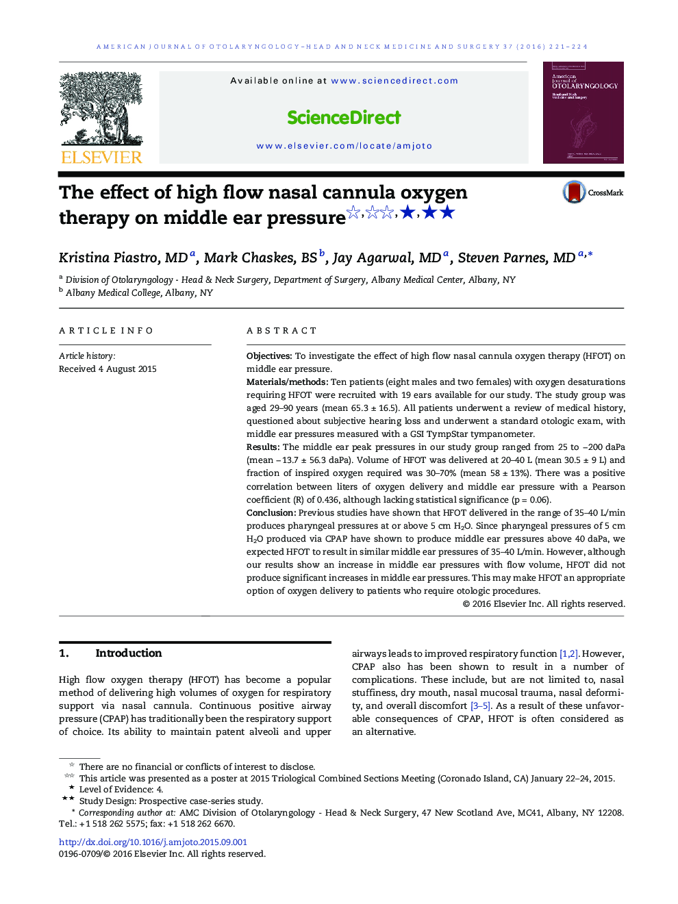 The effect of high flow nasal cannula oxygen therapy on middle ear pressure ★★★