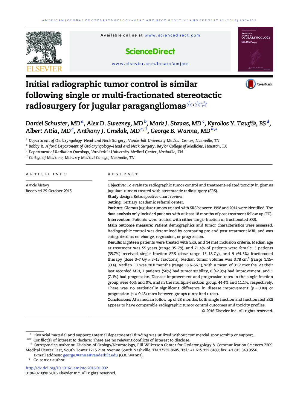 Initial radiographic tumor control is similar following single or multi-fractionated stereotactic radiosurgery for jugular paragangliomas 