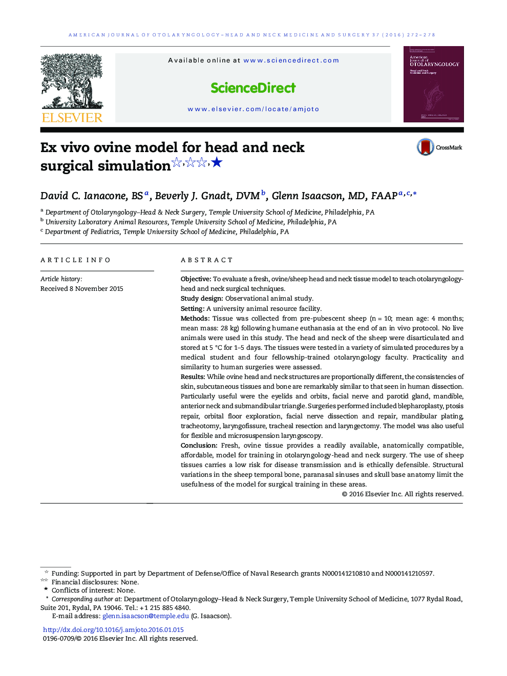 Ex vivo ovine model for head and neck surgical simulation ★