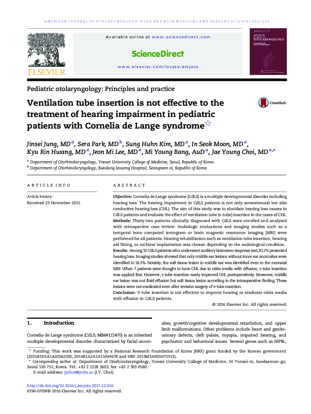 Ventilation tube insertion is not effective to the treatment of hearing impairment in pediatric patients with Cornelia de Lange syndrome 