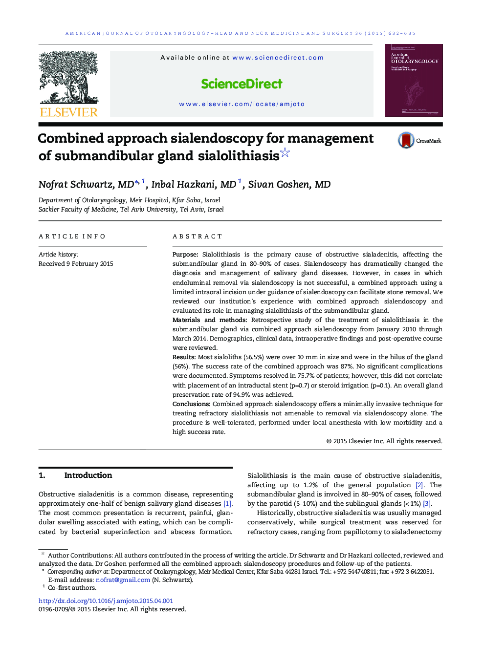 Combined approach sialendoscopy for management of submandibular gland sialolithiasis 