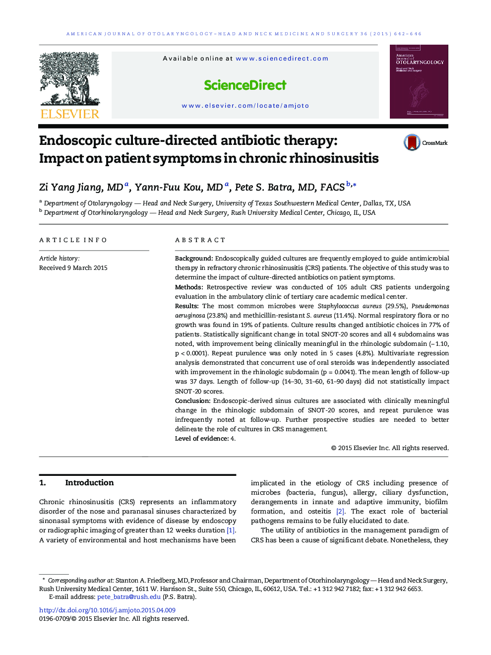 Endoscopic culture-directed antibiotic therapy: Impact on patient symptoms in chronic rhinosinusitis