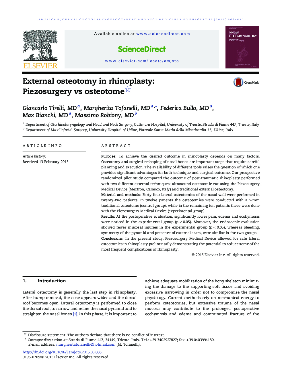 External osteotomy in rhinoplasty: Piezosurgery vs osteotome 