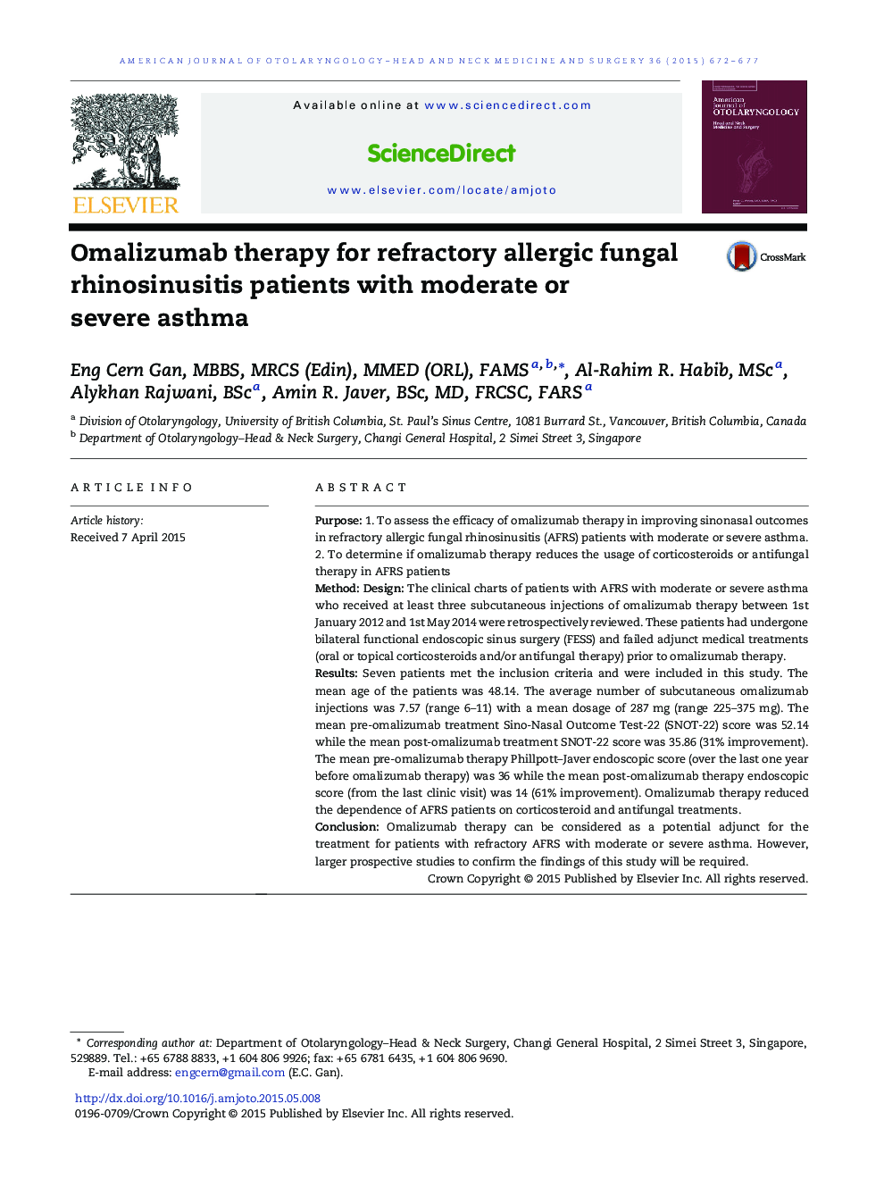 Omalizumab therapy for refractory allergic fungal rhinosinusitis patients with moderate or severe asthma