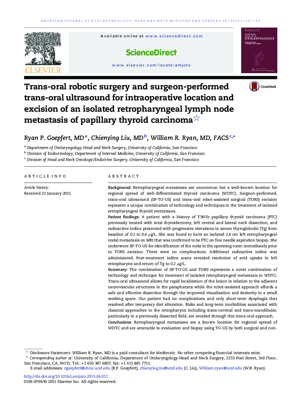 Trans-oral robotic surgery and surgeon-performed trans-oral ultrasound for intraoperative location and excision of an isolated retropharyngeal lymph node metastasis of papillary thyroid carcinoma 