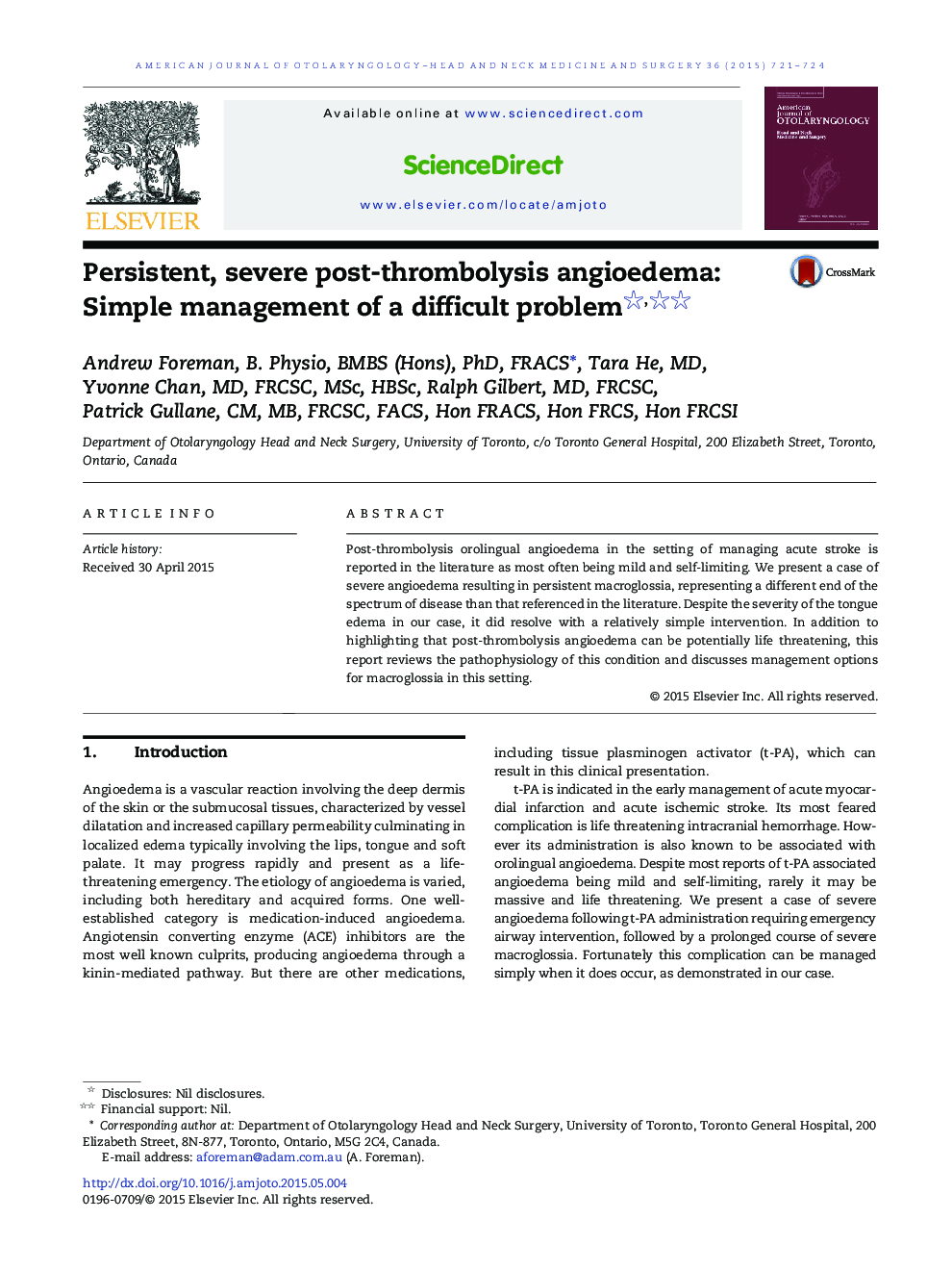 Persistent, severe post-thrombolysis angioedema: Simple management of a difficult problem 