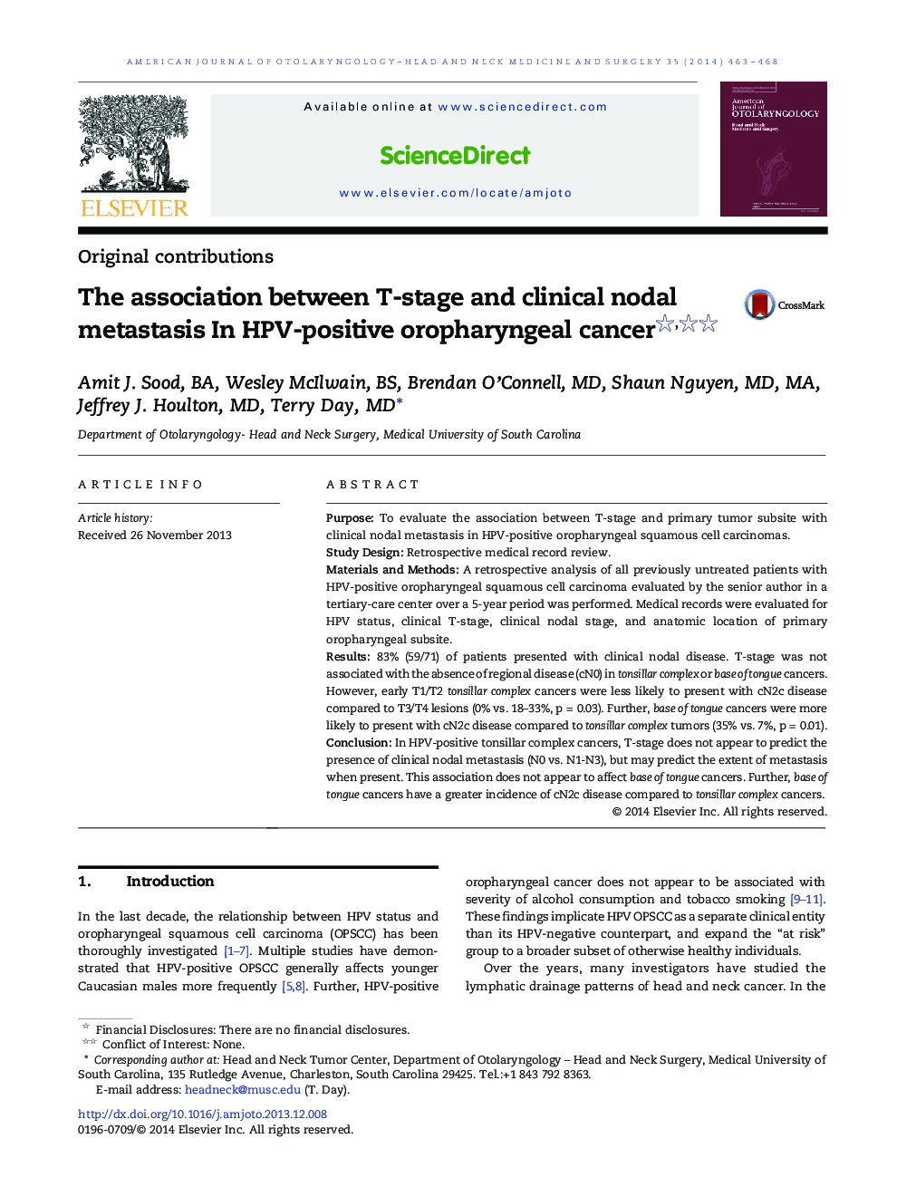 The association between T-stage and clinical nodal metastasis In HPV-positive oropharyngeal cancer 