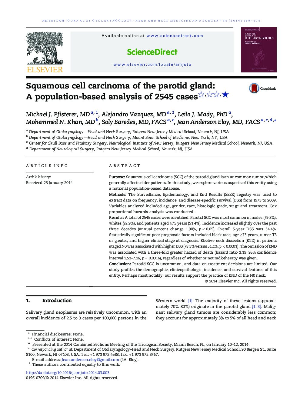 Squamous cell carcinoma of the parotid gland: A population-based analysis of 2545 cases ★