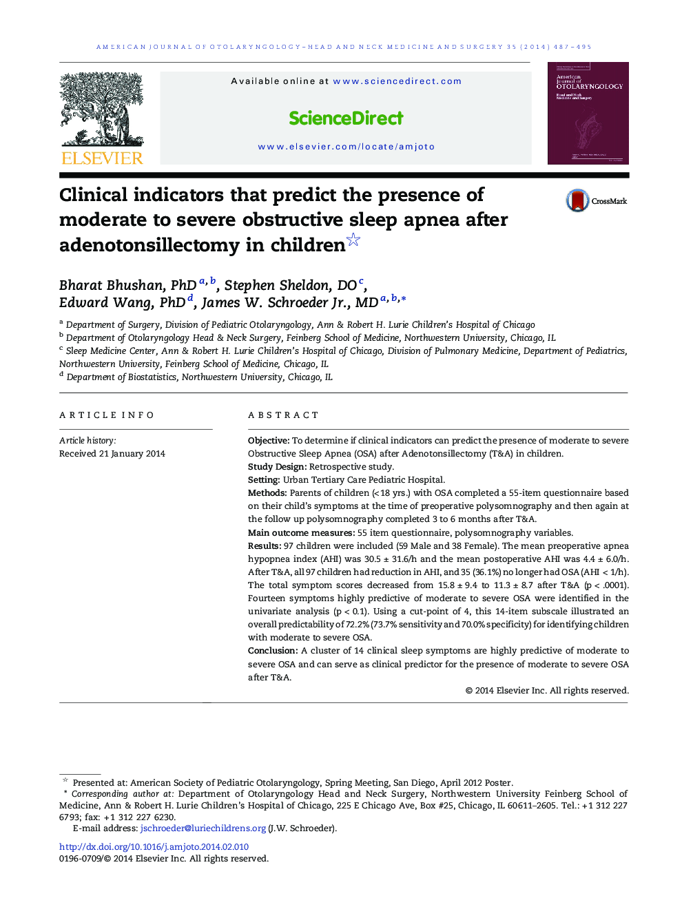 Clinical indicators that predict the presence of moderate to severe obstructive sleep apnea after adenotonsillectomy in children 