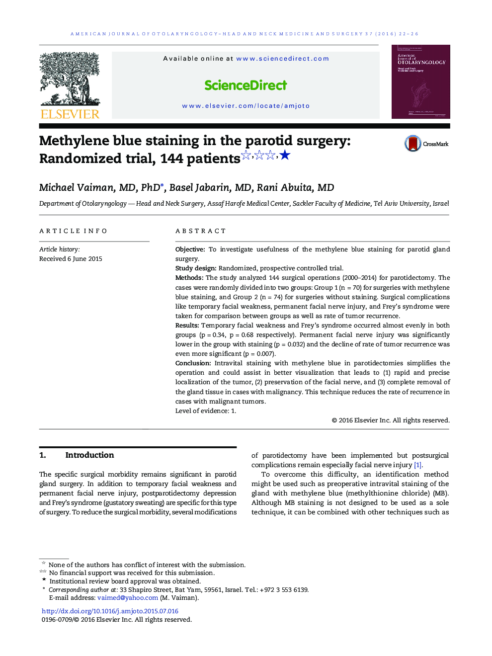 Methylene blue staining in the parotid surgery: Randomized trial, 144 patients ★