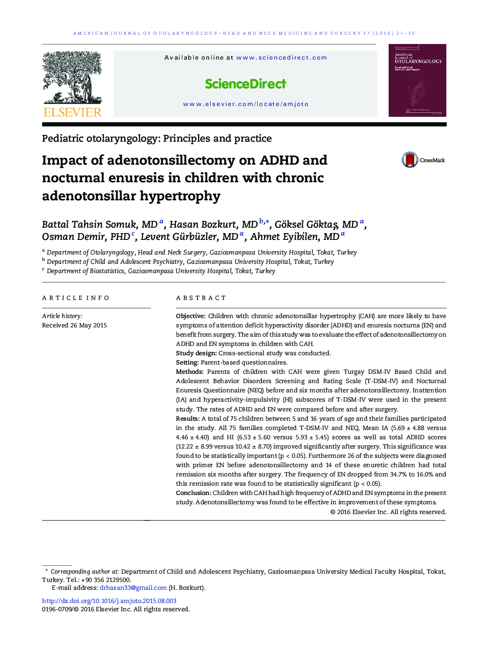Impact of adenotonsillectomy on ADHD and nocturnal enuresis in children with chronic adenotonsillar hypertrophy