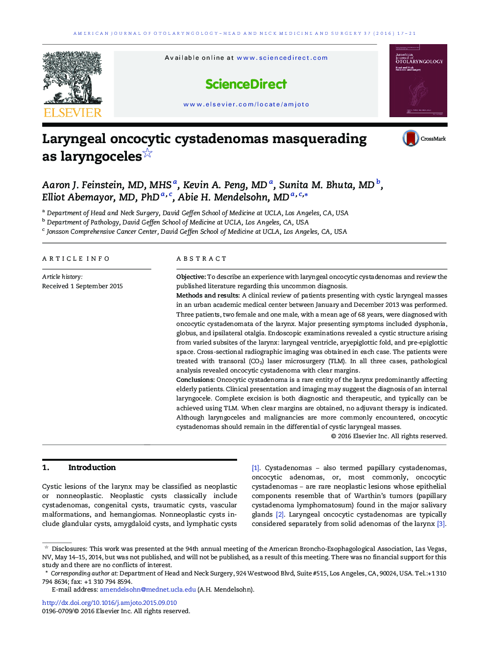 Laryngeal oncocytic cystadenomas masquerading as laryngoceles 