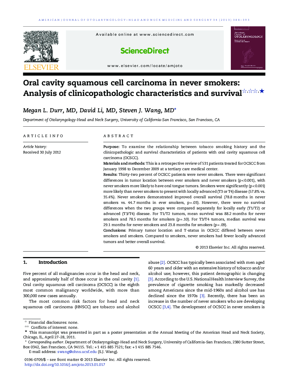 Oral cavity squamous cell carcinoma in never smokers: Analysis of clinicopathologic characteristics and survival ★