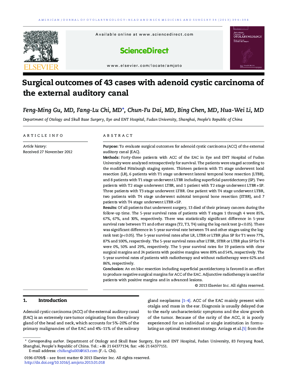 Surgical outcomes of 43 cases with adenoid cystic carcinoma of the external auditory canal