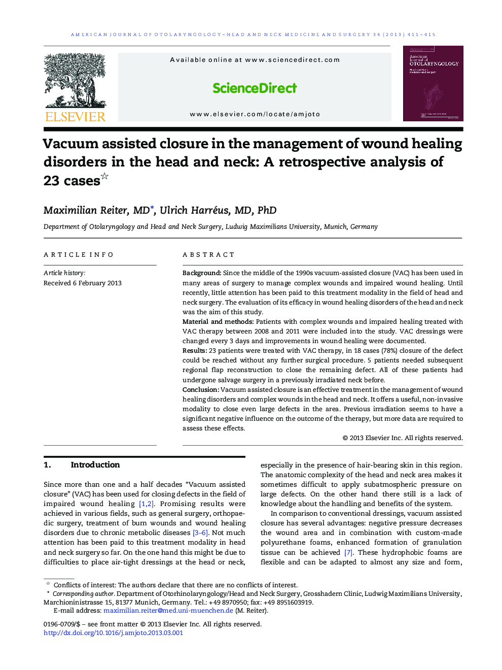 Vacuum assisted closure in the management of wound healing disorders in the head and neck: A retrospective analysis of 23 cases 