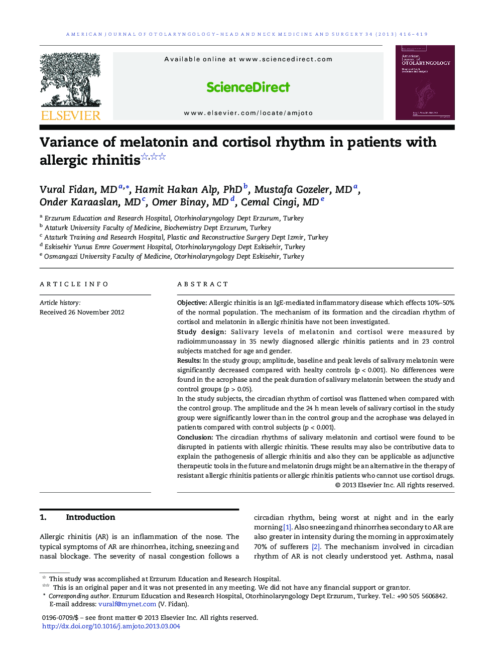 Variance of melatonin and cortisol rhythm in patients with allergic rhinitis 