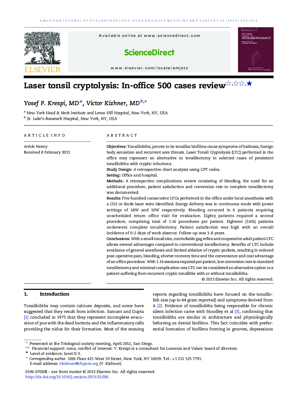 Laser tonsil cryptolysis: In-office 500 cases review ★