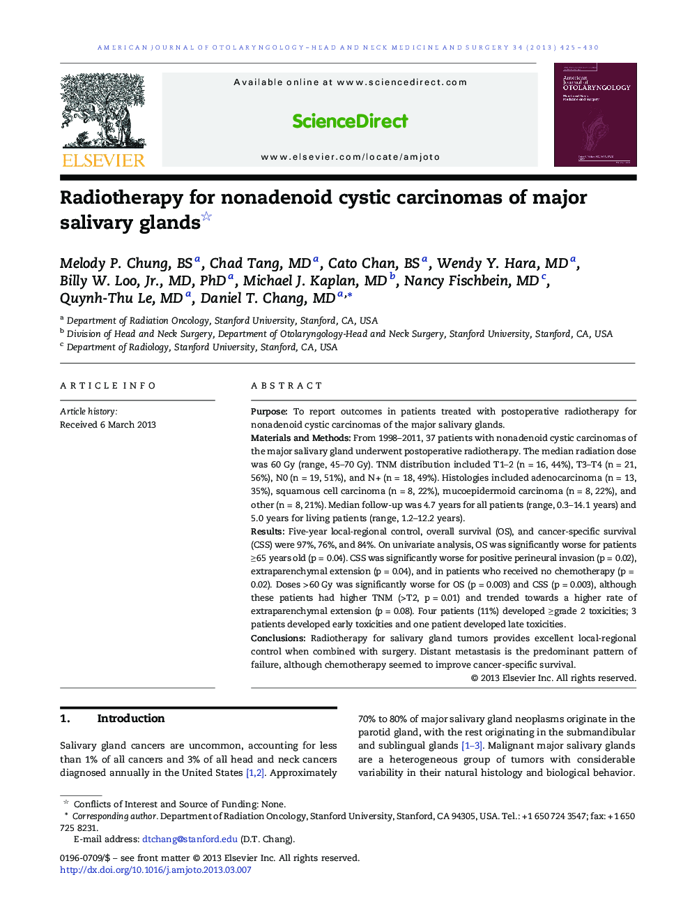 Radiotherapy for nonadenoid cystic carcinomas of major salivary glands 