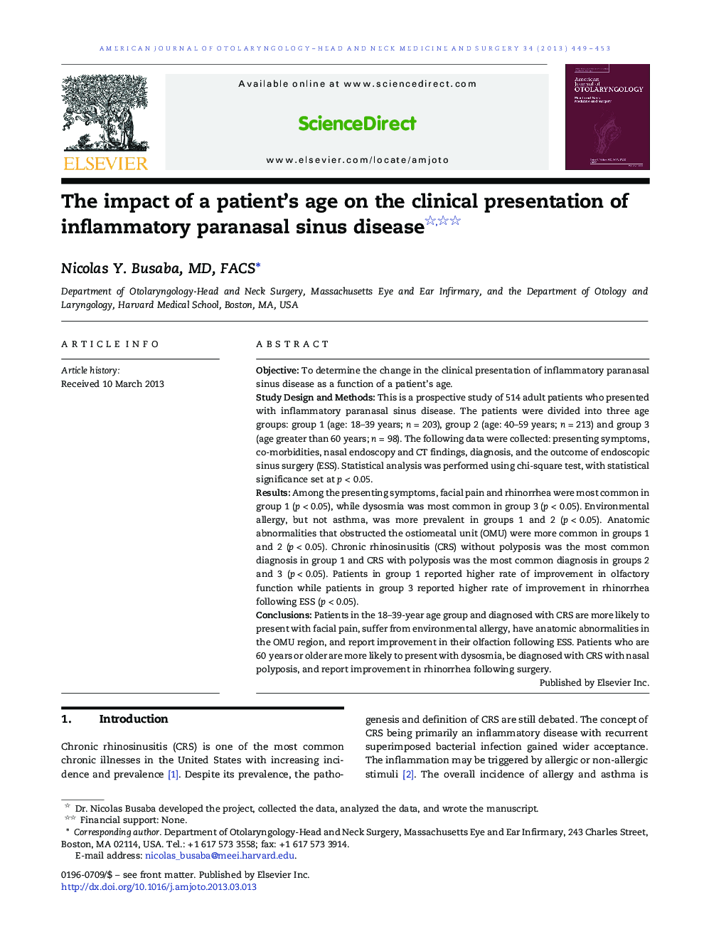 The impact of a patient's age on the clinical presentation of inflammatory paranasal sinus disease 