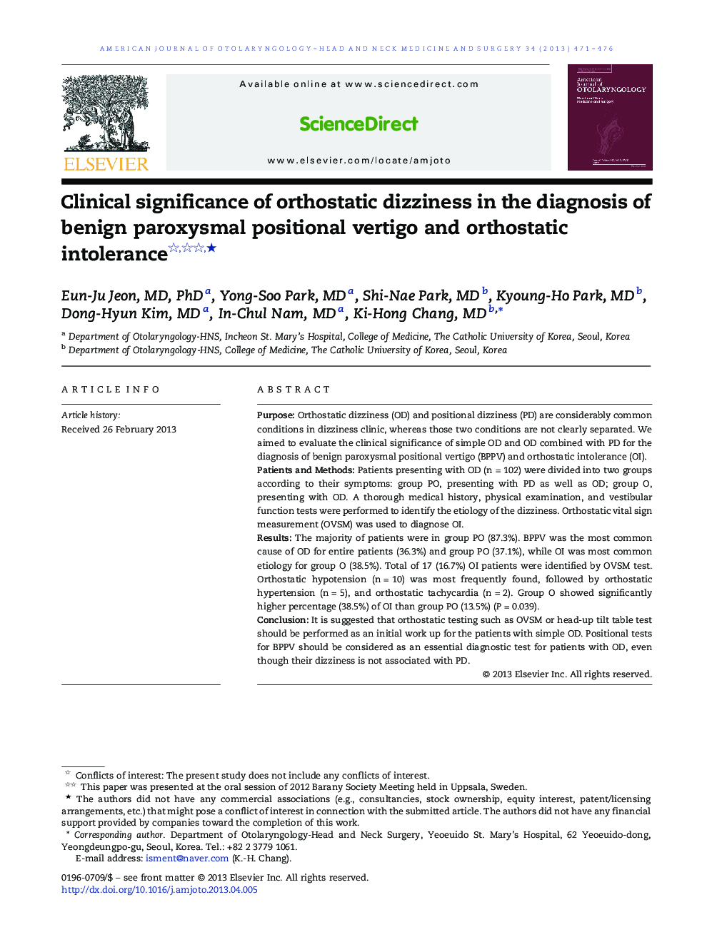 Clinical significance of orthostatic dizziness in the diagnosis of benign paroxysmal positional vertigo and orthostatic intolerance ★