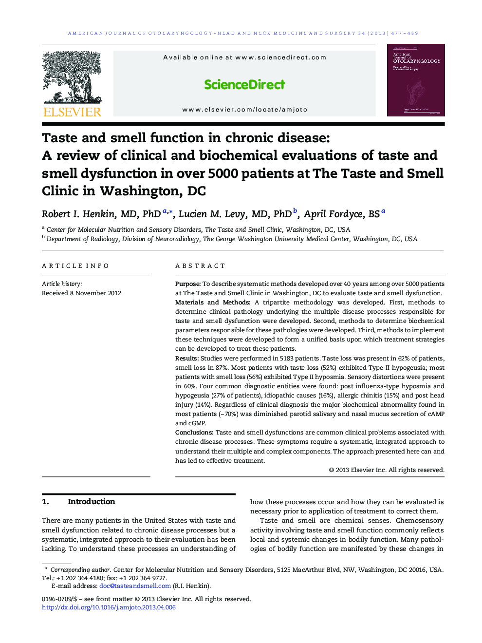 Taste and smell function in chronic disease:: A review of clinical and biochemical evaluations of taste and smell dysfunction in over 5000 patients at The Taste and Smell Clinic in Washington, DC