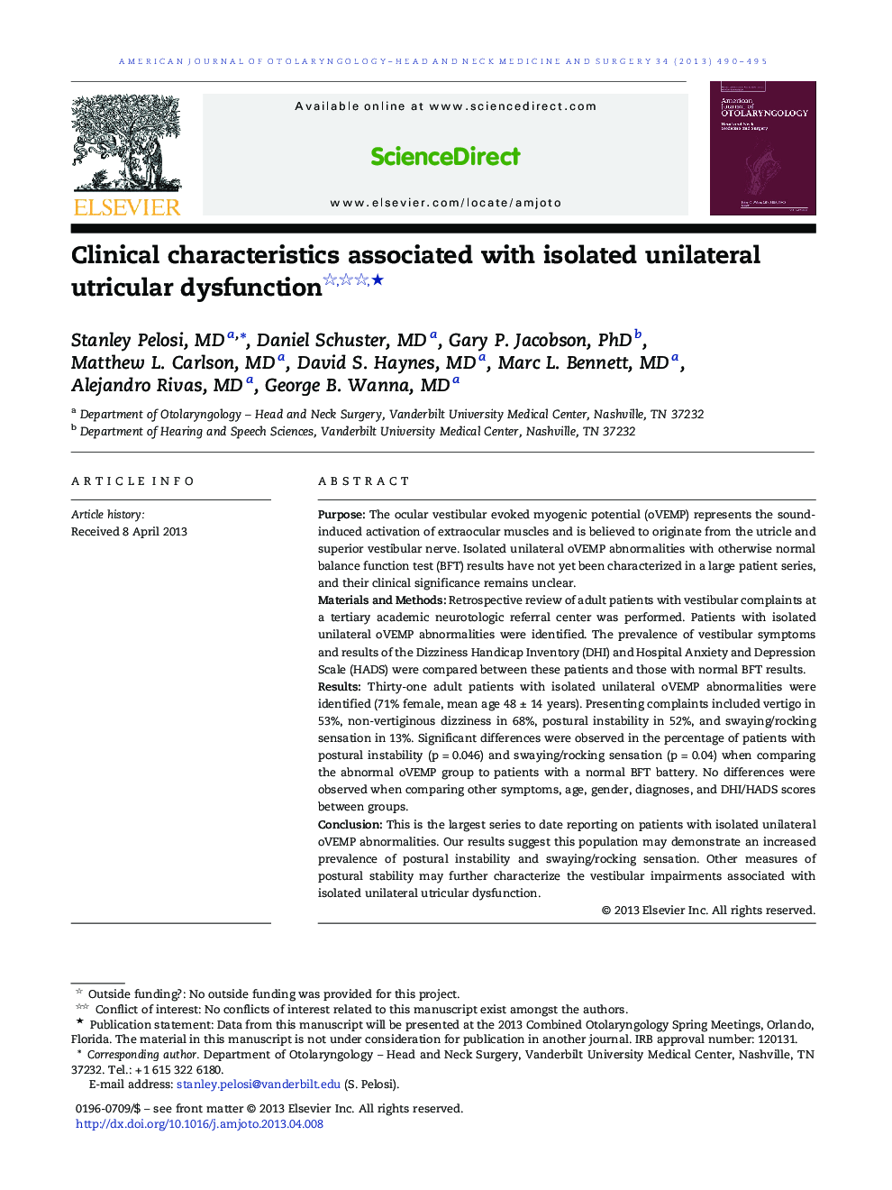 Clinical characteristics associated with isolated unilateral utricular dysfunction ★