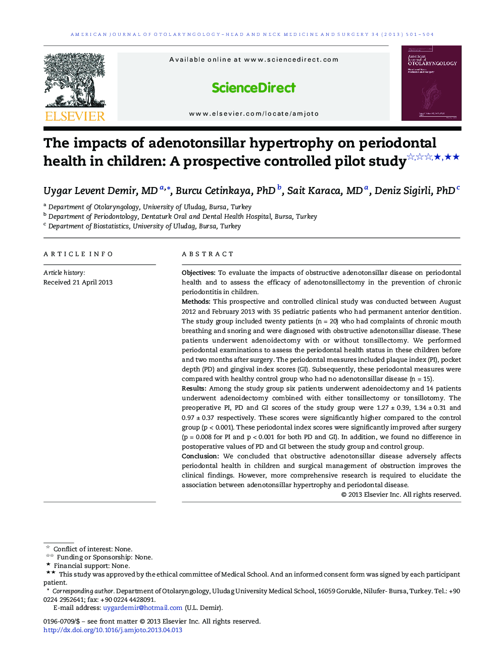 The impacts of adenotonsillar hypertrophy on periodontal health in children: A prospective controlled pilot study ★★★