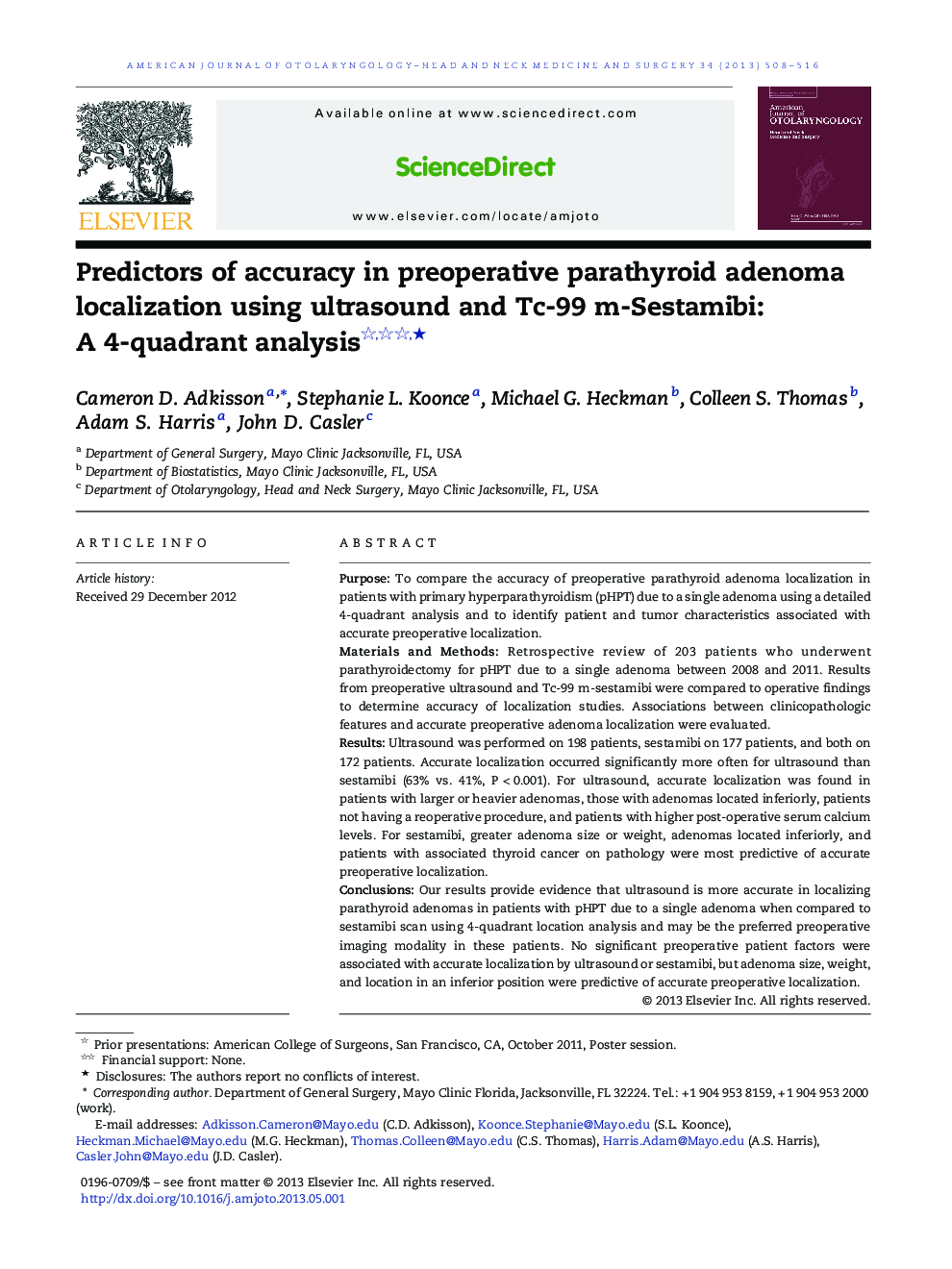 Predictors of accuracy in preoperative parathyroid adenoma localization using ultrasound and Tc-99 m-Sestamibi: A 4-quadrant analysis ★