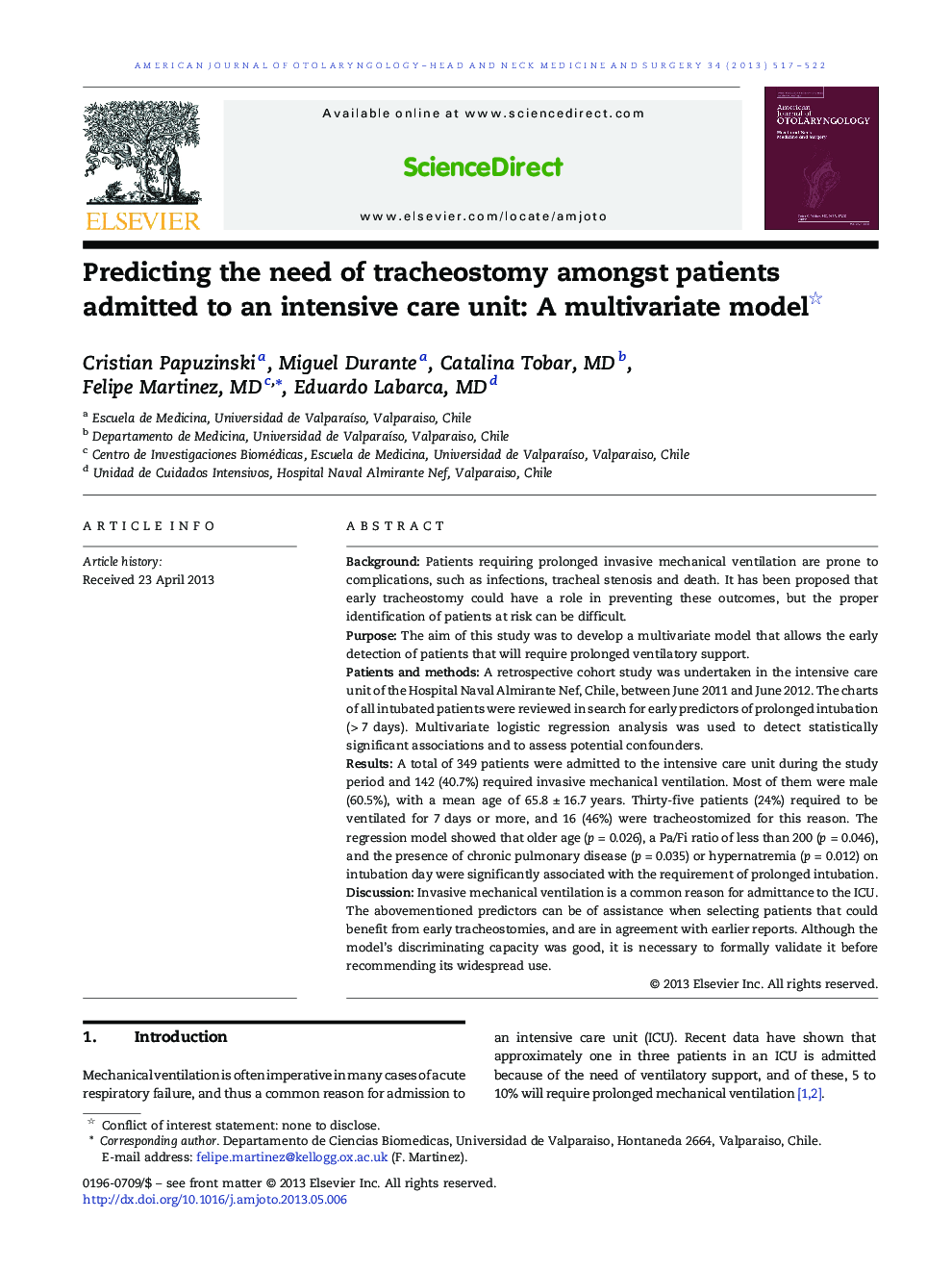 Predicting the need of tracheostomy amongst patients admitted to an intensive care unit: A multivariate model 