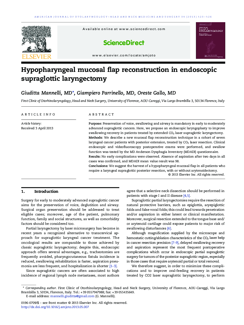 Hypopharyngeal mucosal flap reconstruction in endoscopic supraglottic laryngectomy