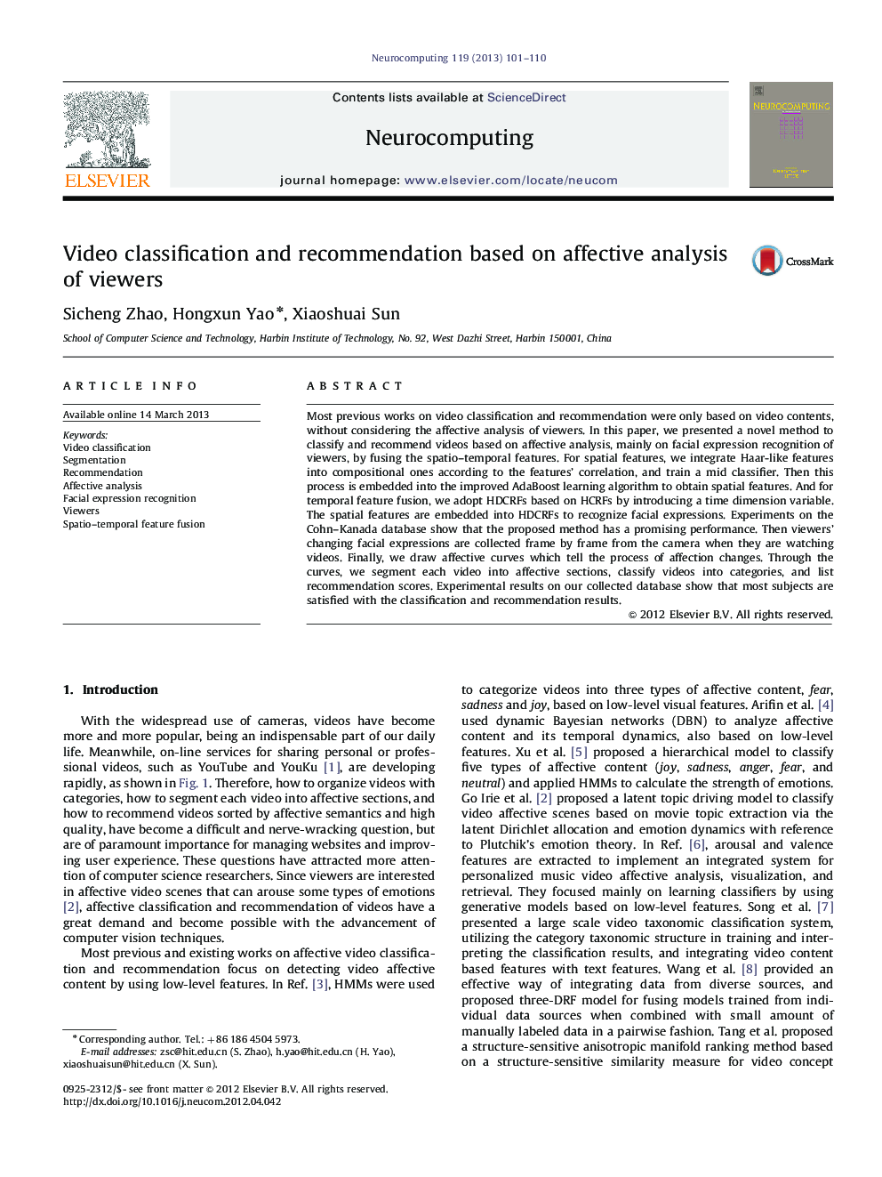 عکس صفحه اول مقاله: Video classification and recommendation based on affective analysis of viewers Video classification and recommendation based on affective analysis of viewers