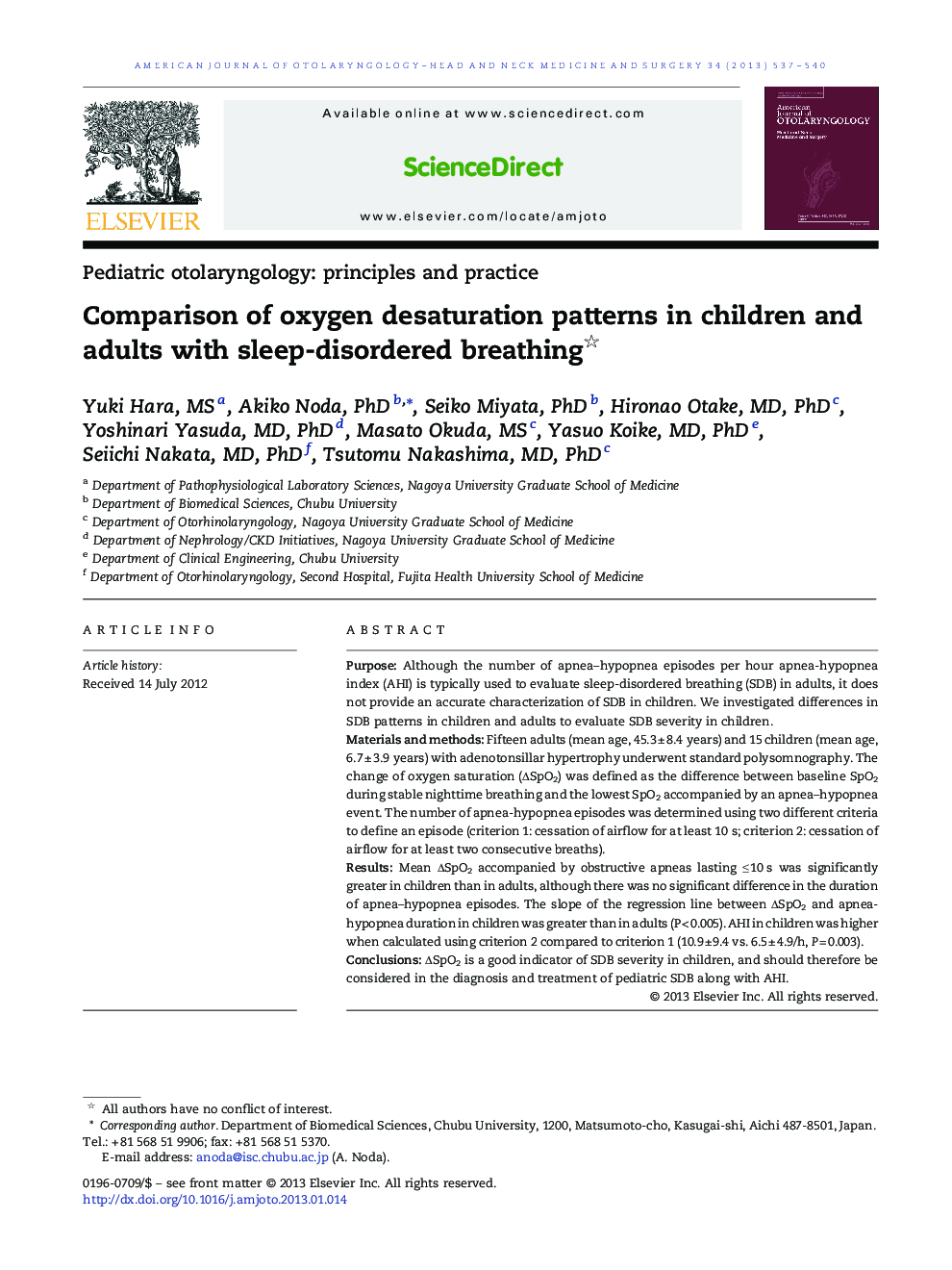 Comparison of oxygen desaturation patterns in children and adults with sleep-disordered breathing 