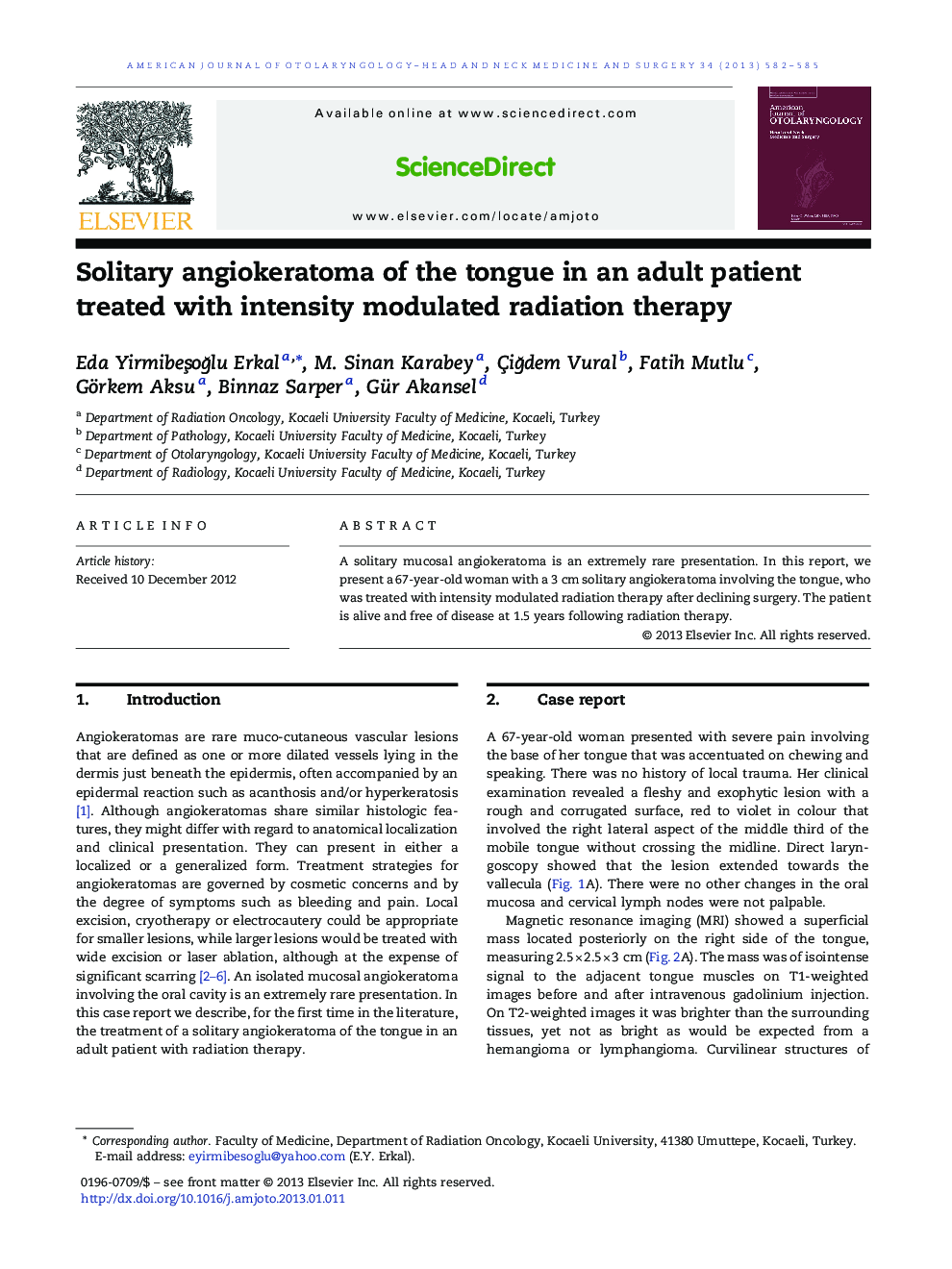 Solitary angiokeratoma of the tongue in an adult patient treated with intensity modulated radiation therapy