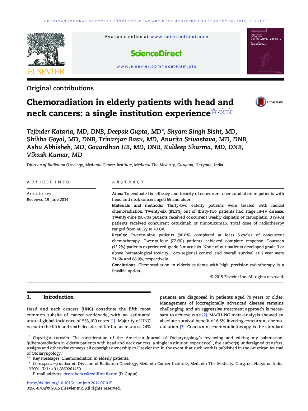 Chemoradiation in elderly patients with head and neck cancers: a single institution experience 