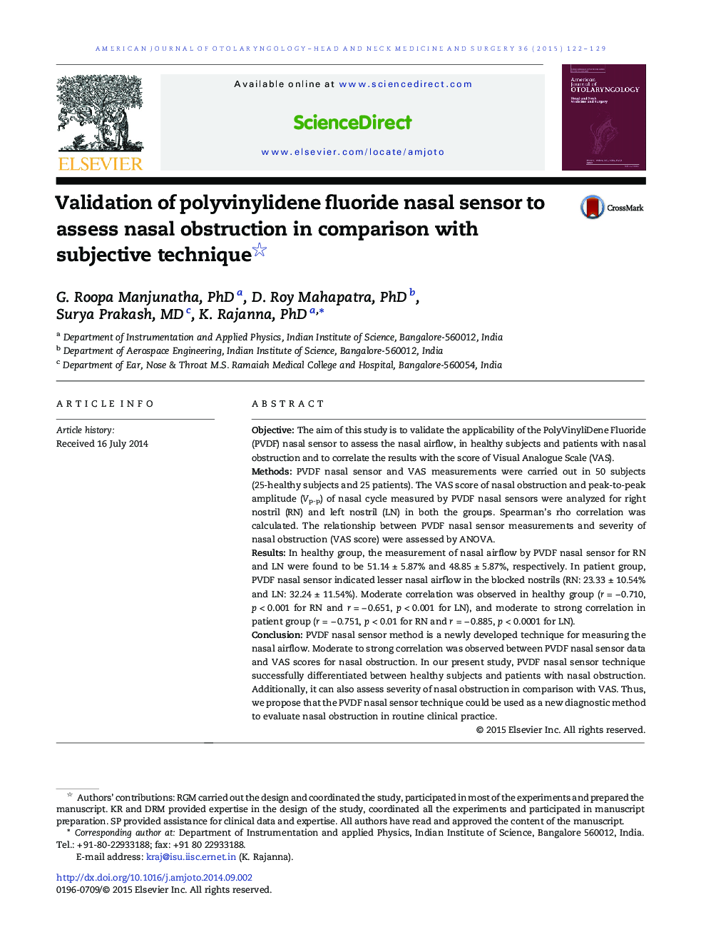 Validation of polyvinylidene fluoride nasal sensor to assess nasal obstruction in comparison with subjective technique 