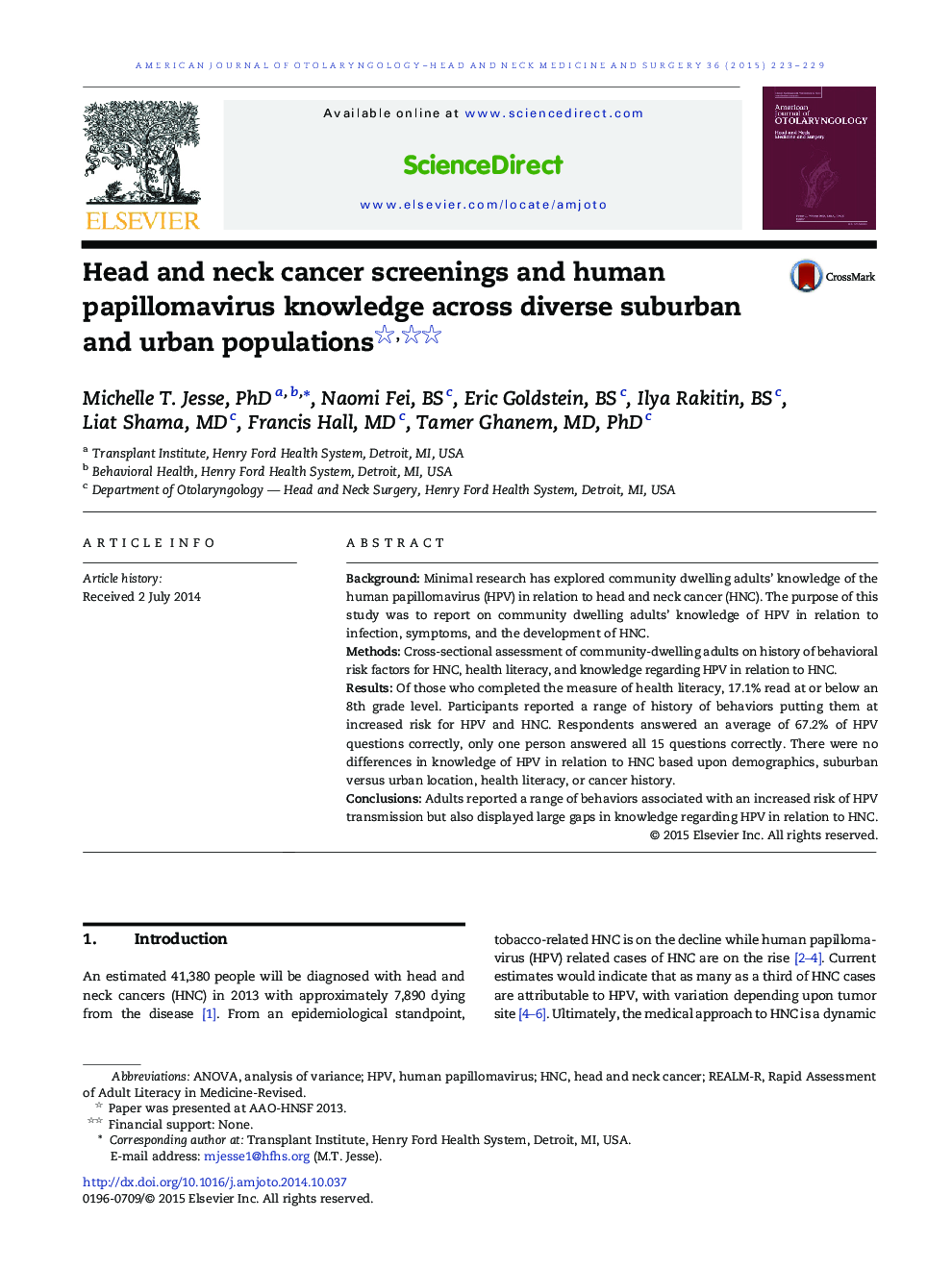 Head and neck cancer screenings and human papillomavirus knowledge across diverse suburban and urban populations ★