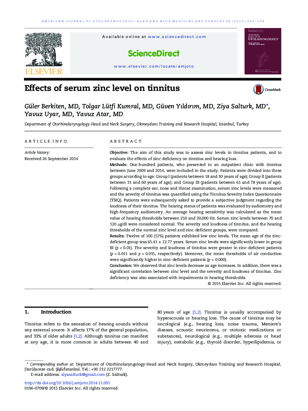 Effects of serum zinc level on tinnitus