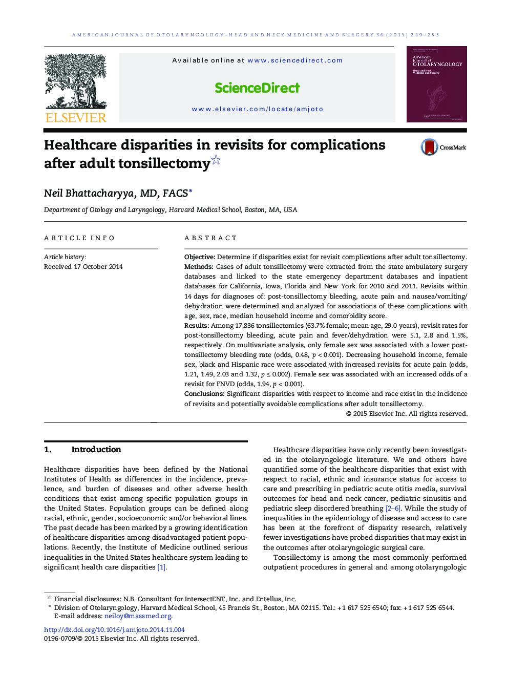 Healthcare disparities in revisits for complications after adult tonsillectomy 