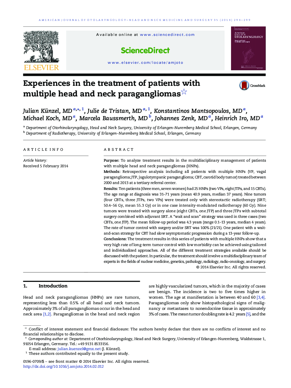 Experiences in the treatment of patients with multiple head and neck paragangliomas 