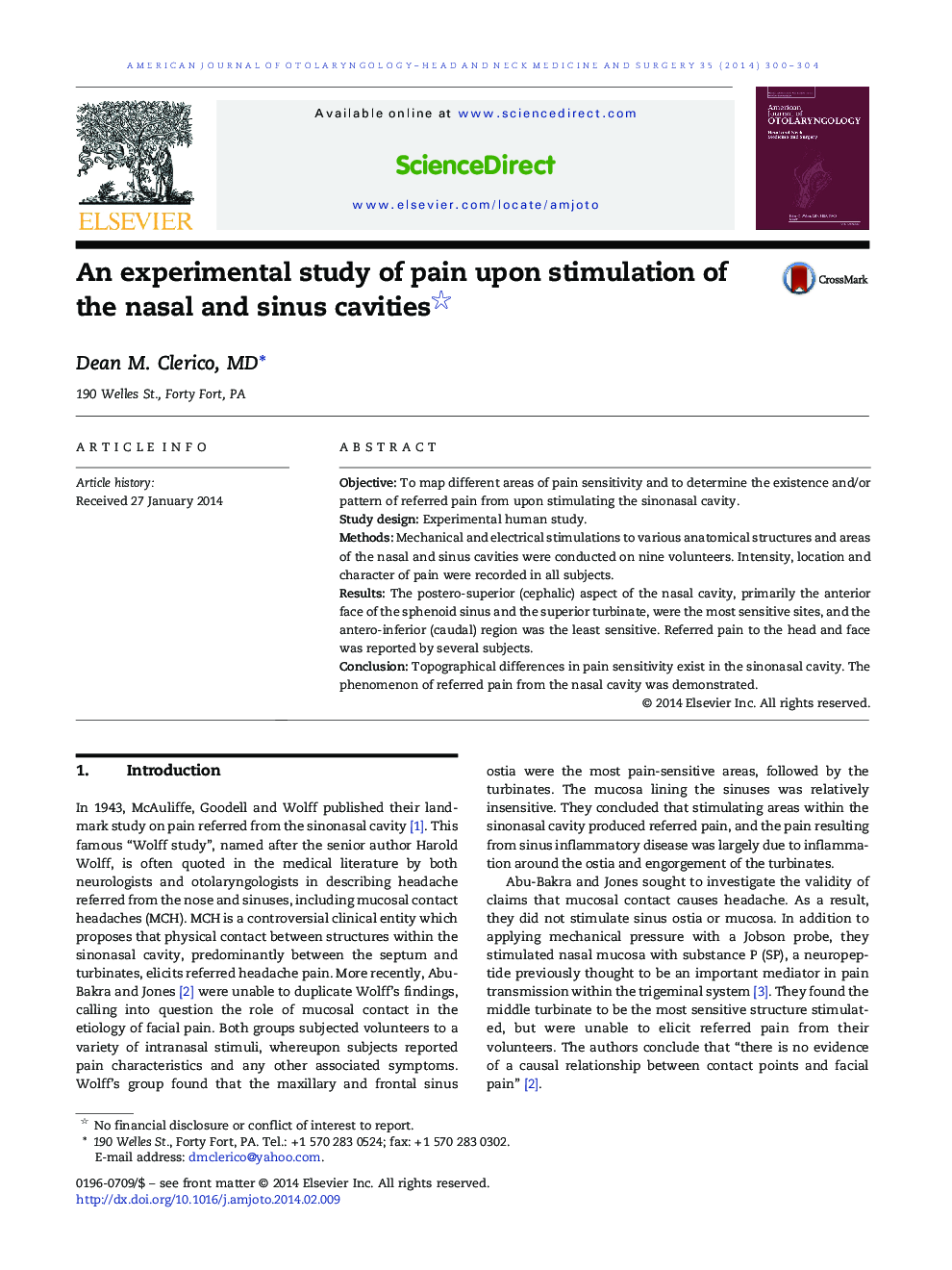 An experimental study of pain upon stimulation of the nasal and sinus cavities 