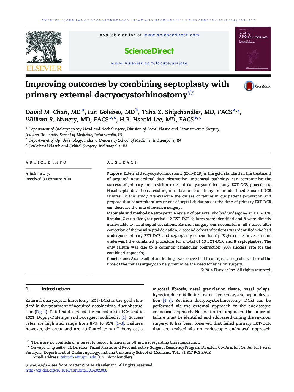 Improving outcomes by combining septoplasty with primary external dacryocystorhinostomy 