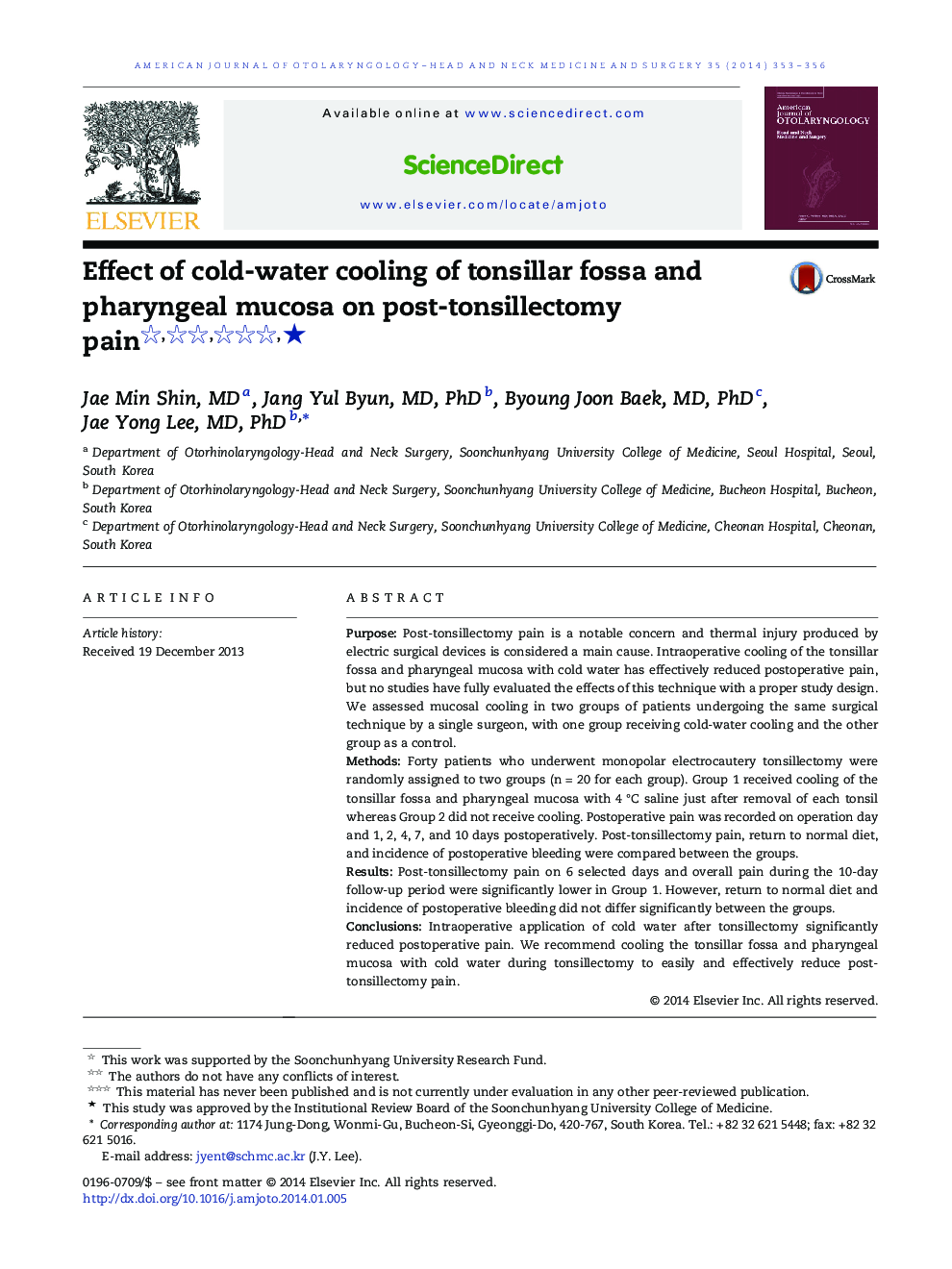 Effect of cold-water cooling of tonsillar fossa and pharyngeal mucosa on post-tonsillectomy pain ★