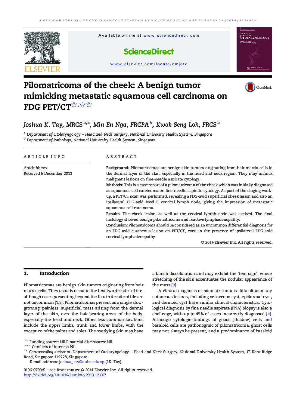 Pilomatricoma of the cheek: A benign tumor mimicking metastatic squamous cell carcinoma on FDG PET/CT 