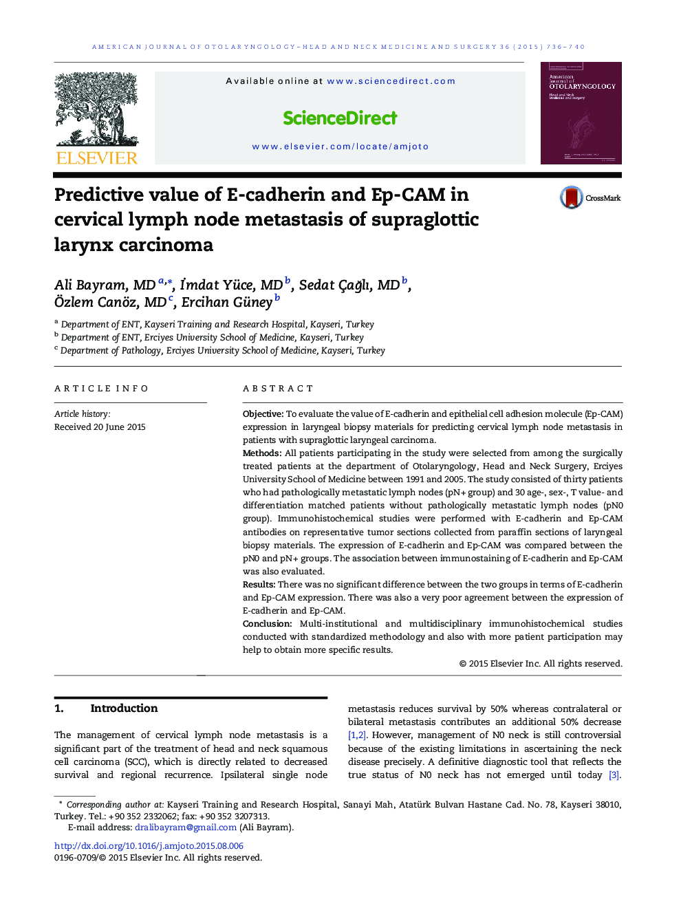 Predictive value of E-cadherin and Ep-CAM in cervical lymph node metastasis of supraglottic larynx carcinoma