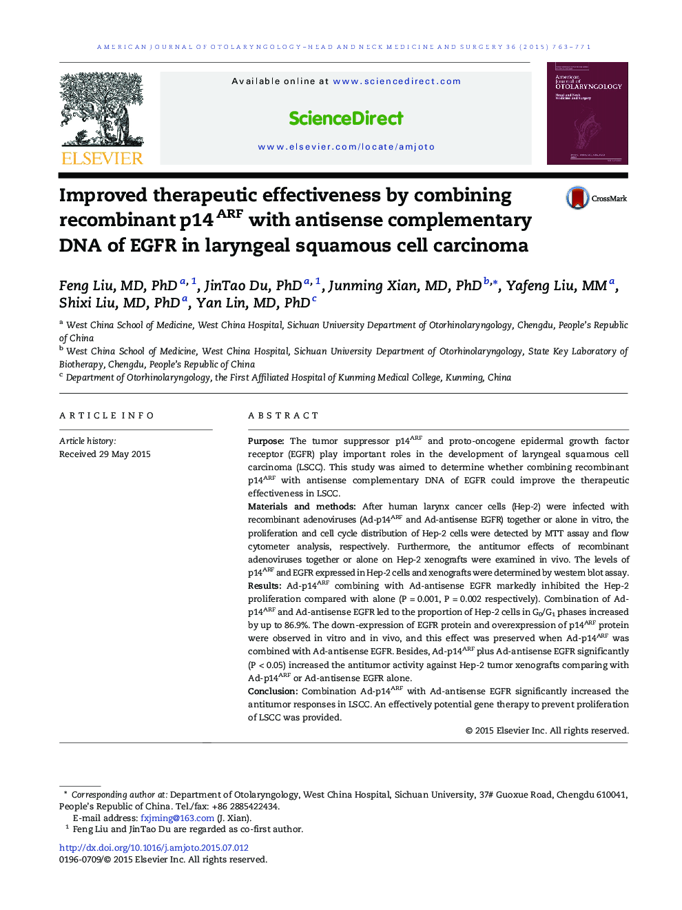 Improved therapeutic effectiveness by combining recombinant p14ARF with antisense complementary DNA of EGFR in laryngeal squamous cell carcinoma