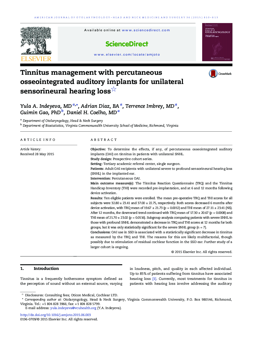 Tinnitus management with percutaneous osseointegrated auditory implants for unilateral sensorineural hearing loss 