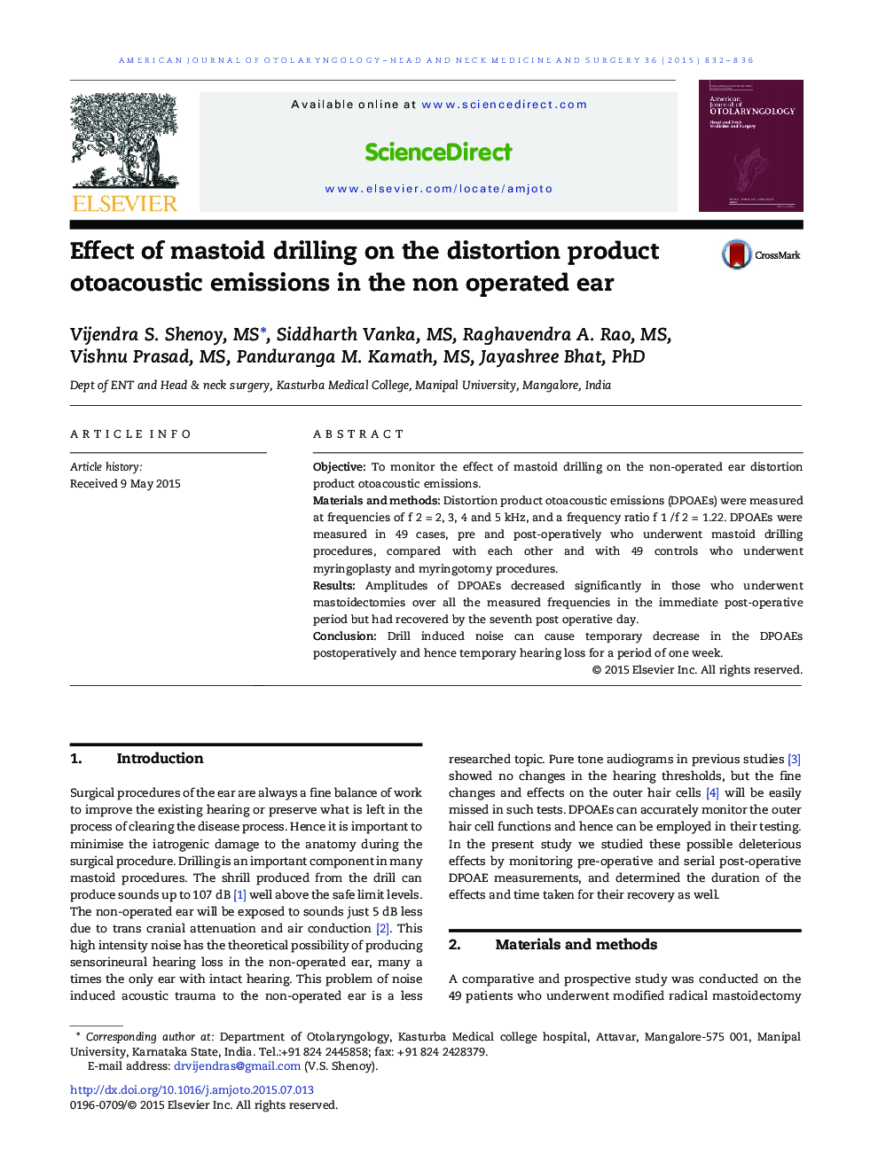 Effect of mastoid drilling on the distortion product otoacoustic emissions in the non operated ear