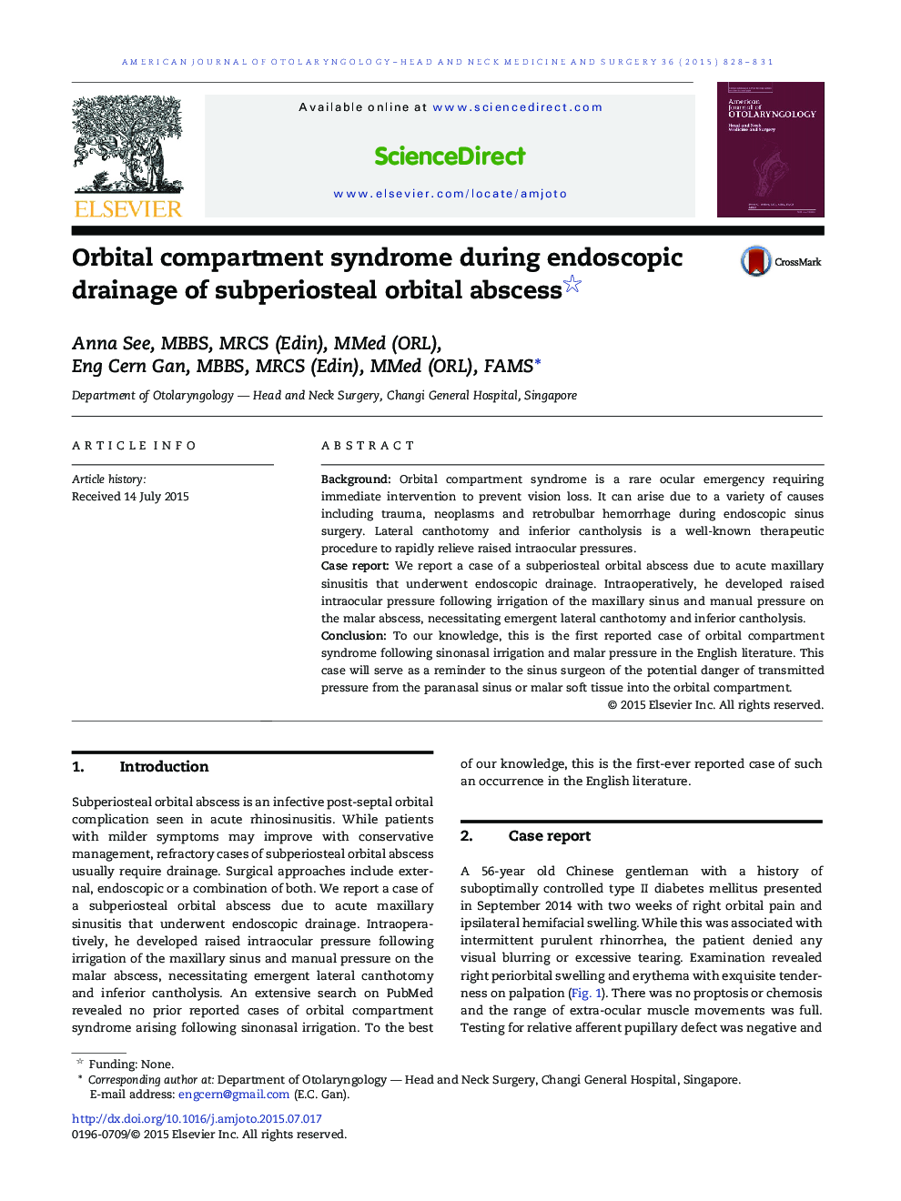 Orbital compartment syndrome during endoscopic drainage of subperiosteal orbital abscess