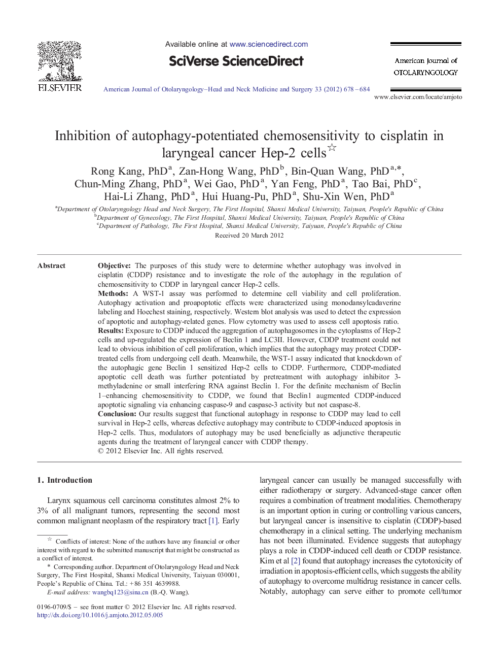 Inhibition of autophagy-potentiated chemosensitivity to cisplatin in laryngeal cancer Hep-2 cells 