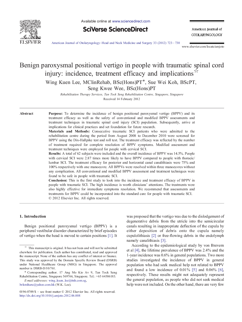 Benign paroxysmal positional vertigo in people with traumatic spinal cord injury: incidence, treatment efficacy and implications 